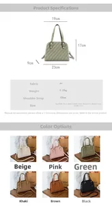 Especificaciones de tamaño detalladas y collage multicolor de los bolsos acolchados retro