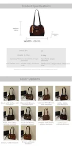 Detailed size chart and multi-color view of stylish PU leather tote with dimensions 23x16x5cm