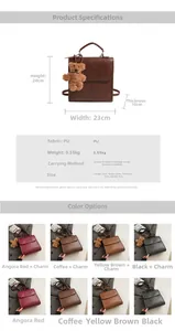 Detailed size chart and multi-color view of a vintage PU leather multifunctional backpack