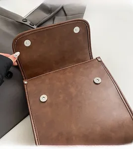 Detail of vintage brown leather backpack showing four magnetic metal closures and stitching