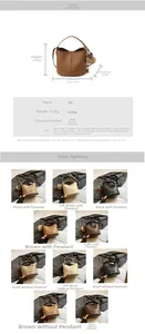 Size chart showing dimensions for large and small PU leather bucket bags in five colors