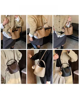Collage of chic women's bucket bags with lychee texture and leopard print scarf details
