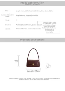 Detailed dimension guide for vintage burgundy baguette bag showing strap and compartment size