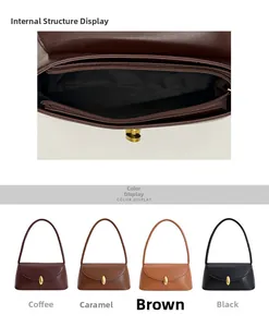 Detail of matte leather shoulder bag showing metal twist lock and four color options