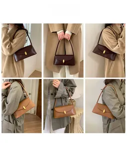 Detailed views of leather baguette bags in dark and light brown with golden oval clasps