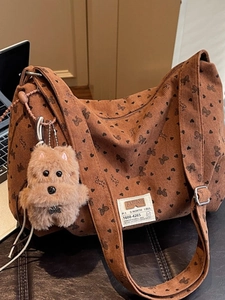 Sac Bandoulière en Velours Côtelé Femme Imprimé Cœur Nœud Grande Capacité Sac Fourre-tout Vintage École Travail Avec Pendentif Peluche