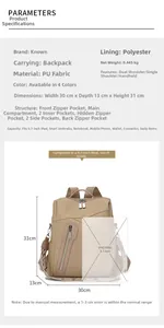 Detail view of khaki PU backpack with 30x13x31cm dimensions and multiple pockets