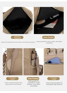 Detailed view of khaki backpack internal storage pockets and anti-theft back zipper