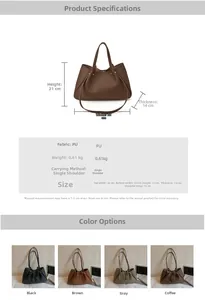 Detailed chart showing PU tote bag dimensions, specifications and four color options