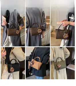 Collage of four stylish bucket bags in brown black beige and green with plush charms
