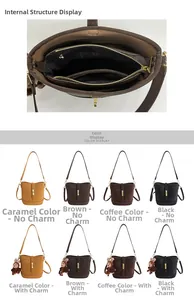 Detail of inner zipper compartment and matte leather bucket bags in four classic colors