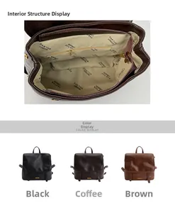 Dettaglio dell'interno dello zaino vintage e opzioni di colore in nero, marrone e caffè