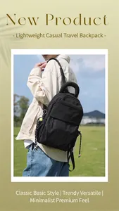 Vue latérale d'un sac à dos de transport noir léger en tissu texturé sur un mannequin