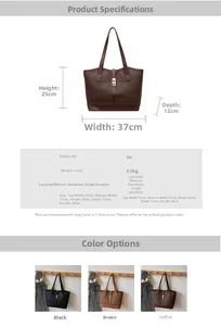 Detailed size specifications for large PU leather tote bag with dimensions and capacity