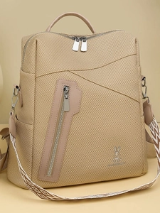 Women Fashion Braided Texture PU Leather Backpack Large Capacity Multi Compartment School Bag With Geometric Pattern Strap