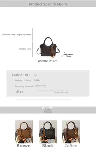 Detail view of stylish PU leather bucket bags showing tassels and technical dimensions