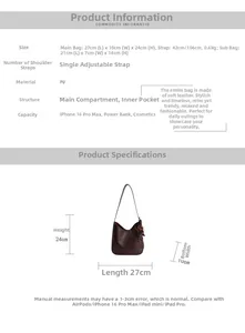 Detailed size specifications for dark brown PU leather hobo tote bag with inner pouch