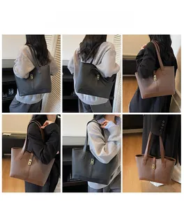 Detailed back and side views of large tote bag with metallic lock in black and coffee