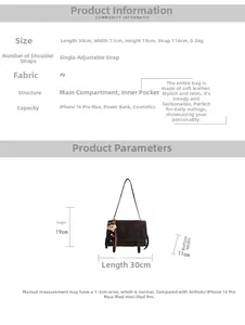 Detailed size chart for retro PU messenger bag with dimensions L30cm x W11cm x H19cm