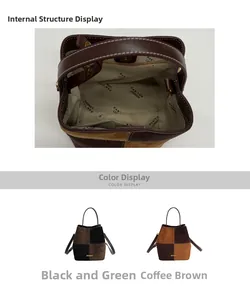 Detail of color-block suede bucket bag interior lining and dual color options display
