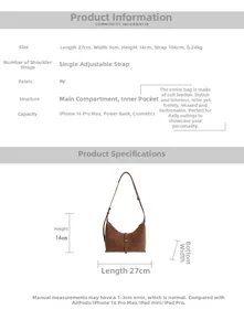 Size chart for brown PU hobo bag with dimensions 27x9x14cm and adjustable strap detail