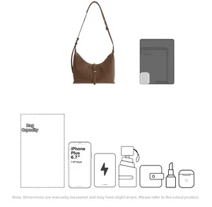 Internal capacity detail of the brown crescent bag with space for smartphone and tablet