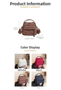 Detailed size specifications and four-color display of quilted nylon multi-functional bag