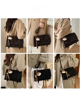 Collage of black suede messenger bag styled with different outfits and bear charm
