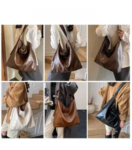 Collage of large soft leather tote bags in dark coffee, cream, caramel, and black colors
