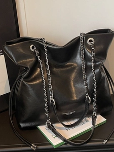 Women Large Capacity Tote Bag Minimalist PU Leather Shoulder Bag With Metal Chain Handle Drawstring Commuter Shopping Bag