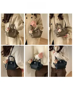 Litchi pattern bucket bag shown from multiple angles with cute bear pendant