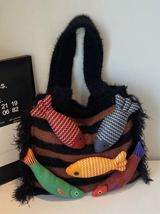Women Striped Knitted Tote Bag Large Capacity Shoulder Bag With 3D Fish Decoration Tassels Cartoon Casual Handmade Handbag