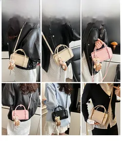 Collage of model showcasing minimalist square handbags with cute bear charms in four colors