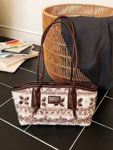 Vintage Woolen Tote Bag For Women Large Capacity Plush Shoulder Bag Retro Commuter Handbag With PU Leather Straps Autumn Winter Bag