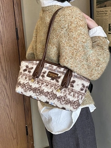 Retro plush tote bag with vintage jacquard pattern and premium brown leather straps