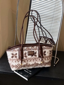 Vintage wool blend tote bag with brown leather handles and textured ivory jacquard finish
