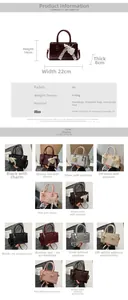 Detailed technical chart showing small PU leather square bag dimensions and six color options
