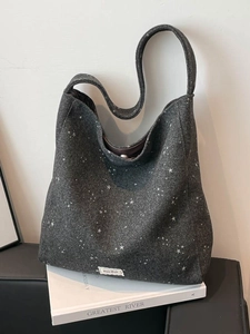Women Starry Pattern Woolen Tote Bag Large Capacity Casual Shoulder Bag With Magnetic Buckle Retro Daily Commuter Handbag