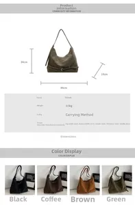 Detailed size chart and dimensions guide for the large suede tote bag in four colors