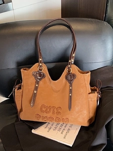 Women Large Capacity Tote Bag Vintage Frosted PU Leather Shoulder Bag CUTE PUPPY Letter Embroidery Drawstring Work School