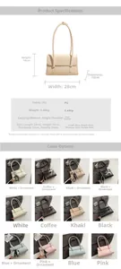 Detailed size specifications for the minimalist PU leather shoulder bag in six colors
