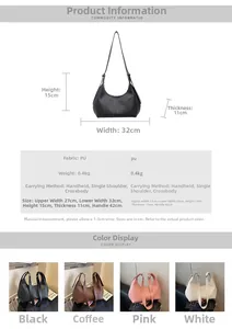 Detailed dimension guide and color options for large PU leather hobo bag with litchi texture