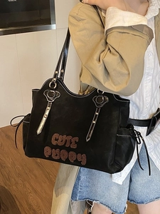 Black tote bag with plush CUTE PUPPY lettering, large capacity shoulder bag for women