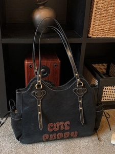 Black large capacity shoulder tote bag with Cute Puppy embroidery and gold studs