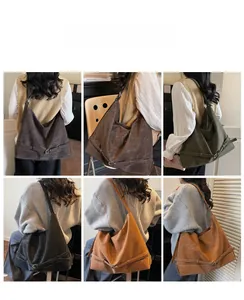 Detailed view of the large suede tote bag shown in multiple colors on a model back
