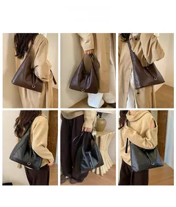 Detailed views of high-capacity faux leather hobo tote bags in dark brown and black