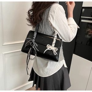 French style black patent leather shoulder bag with chic bow and metal bead charms