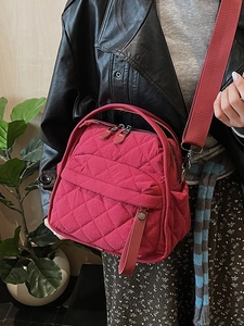 Magenta quilted diamond lattice nylon tote bag with wide shoulder strap for women