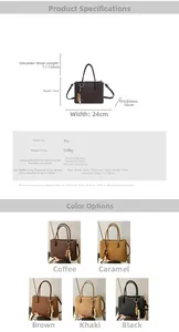 Detailed size chart and multi-color options for textured PU leather tote bag with dimensions