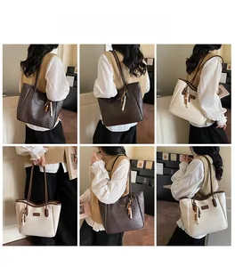 Detailed shots of minimalist tote bag featuring elegant wooden bead tassel pendant
